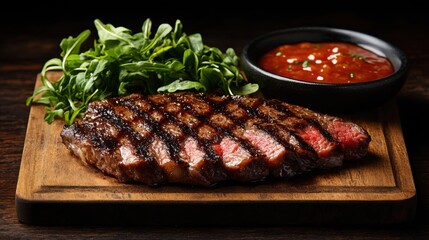 Grilled Ribeye Steak Served with Fresh Greens and Spicy Sauce on Wooden Platter, Perfectly Cooked to Medium, Ideal for Culinary Inspiration and Food Photography