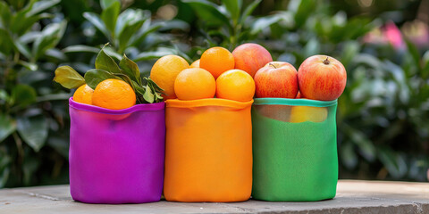 Colorful baskets filled with fresh oranges and apples, set against a lush green background.