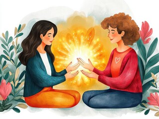A serene illustration of women mentoring the next generation, their glowing hands symbolizing shared wisdom and guidance