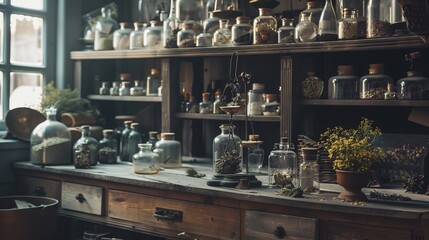 Naklejka premium A rustic apothecary filled with glass jars and herbs for herbal remedies and natural remedies.