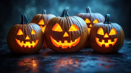 Spooky Halloween Pumpkins Glow Brightly in the Dark, Ideal for Graphic Design and Text Addition with Plenty of Space for Creative Use