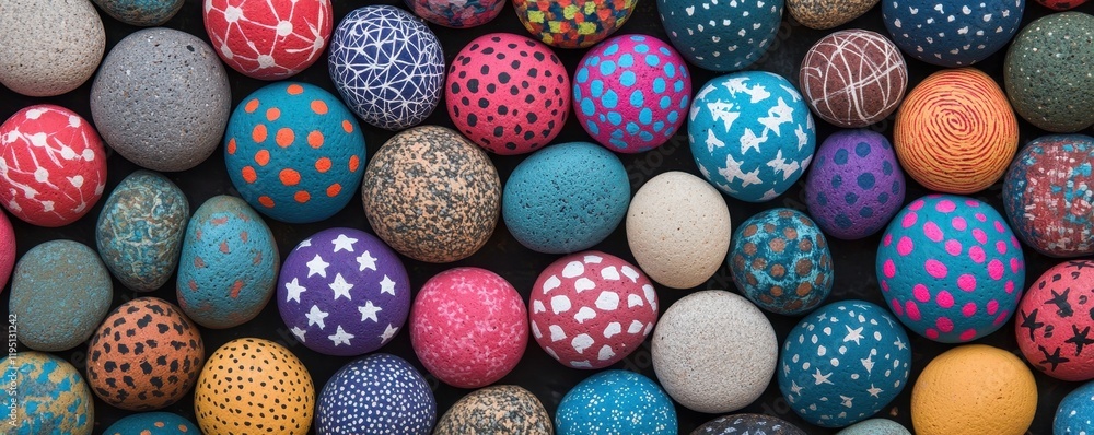 Poster a vibrant collection of colorful, decorative balls showcasing various patterns and textures, arrange