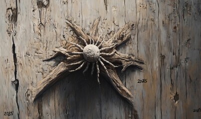 Wood carving, sun-like design, aged texture, 2025 markings.