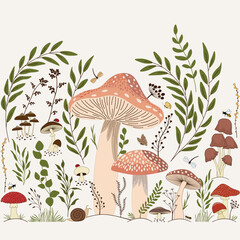 Cute pattern with plants and fungus 