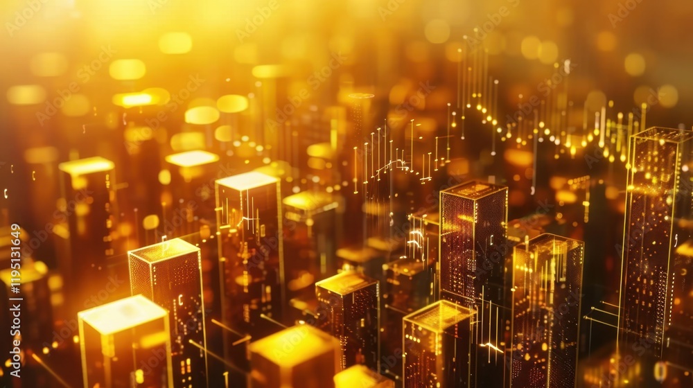 Poster golden city skyline with glowing skyscrapers and data visualization elements, creating futuristic an