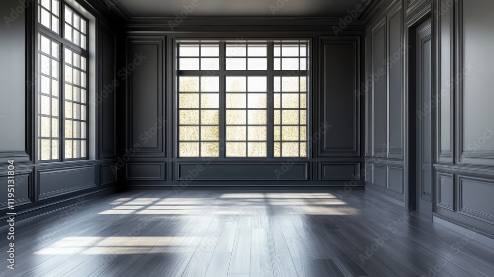 Aufkleber a spacious empty room with dark walls and multiple large windows allowing light to filter through th