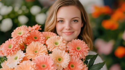 Naklejka premium A smiling woman holds a vibrant bouquet of peach gerbera daisies, surrounded by colorful flowers in a bright floral setting.