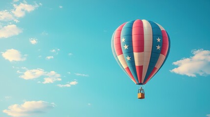 Fototapeta premium A colorful hot air balloon with stars floats against a clear blue sky, surrounded by fluffy clouds, creating a serene and uplifting scene.