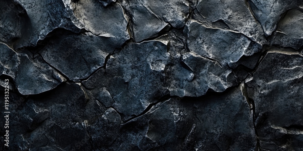 Poster dark rugged stone surface with deep cracks and shadows in shades of black and dark gray creating a d