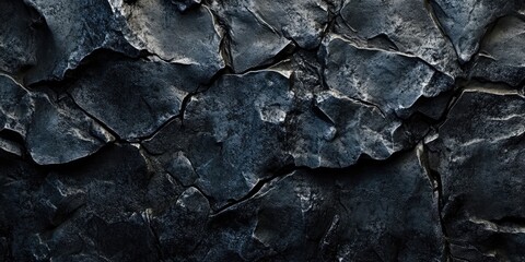 Dark rugged stone surface with deep cracks and shadows in shades of black and dark gray creating a dramatic textured background.