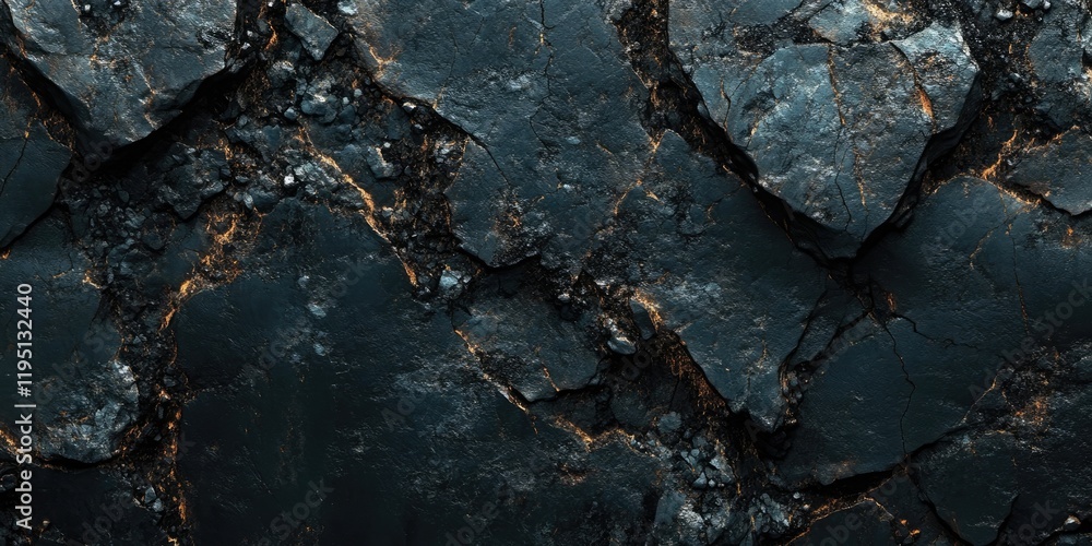 Poster dark textured rock surface featuring deep blacks and subtle golden cracks with a rugged appearance, 
