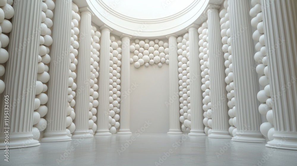 Poster a serene white architectural space featuring tall columns and spherical decorations, creating a mini