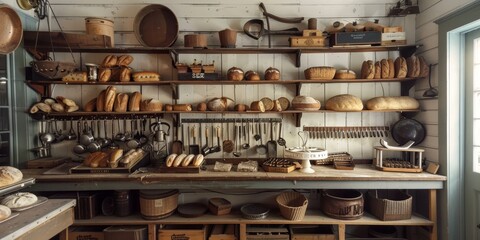 A rustic bakery scene with various types of bread and kitchen tools on wooden shelves.