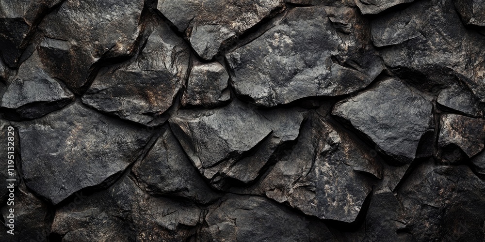 Poster textured dark stone surface with angular rock formations in varying shades of gray and black, ideal 