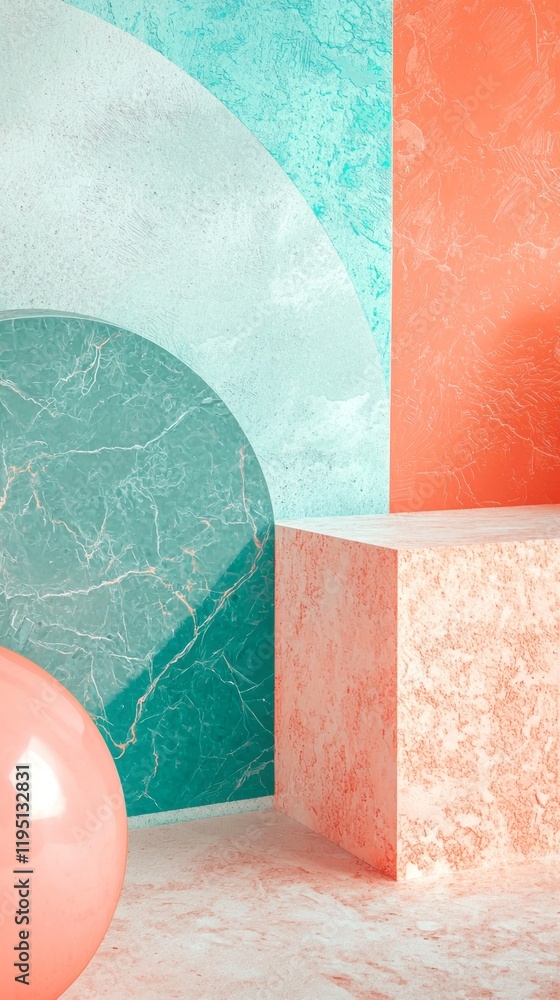 Poster dynamic turquoise and coral geometric shapes converge in an artistic display, highlighting textures 