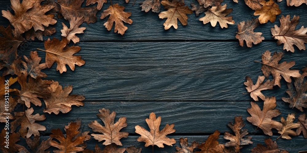 Poster brown wooden background with scattered dark brown oak leaves arranged in a circular frame creating a
