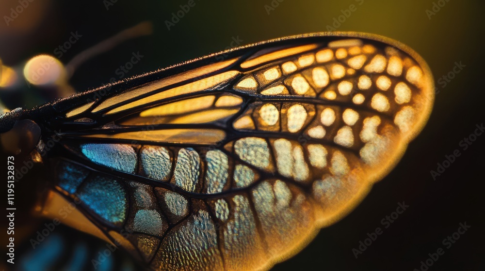 Poster a close-up view of a butterfly wing with its intricate patterns and colors shining in the light