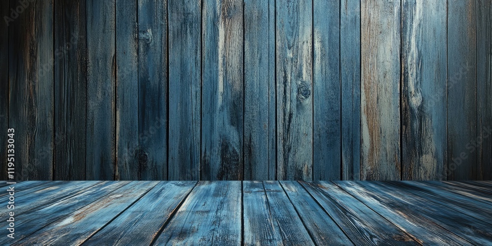 Poster vintage blue wooden floor and wall texture with weathered details, creating a rustic backdrop for va