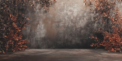 Moody dark tan and silver sandstone backdrop with autumn foliage framing a textured wall, ideal for fall winter promotional displays.