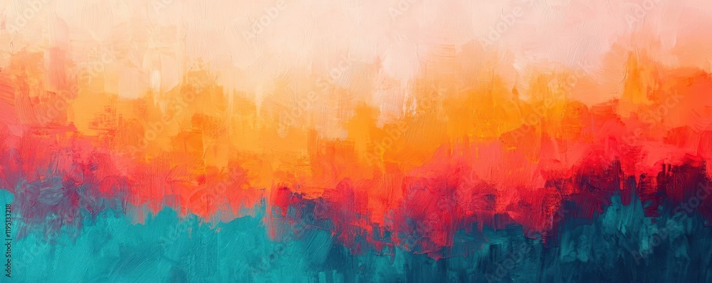 Poster a vibrant abstract painting featuring a gradient of warm oranges, reds, and cool turquoise, creating