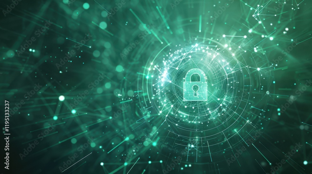 Poster digital lock symbol surrounded by glowing data connections, representing cybersecurity and data prot