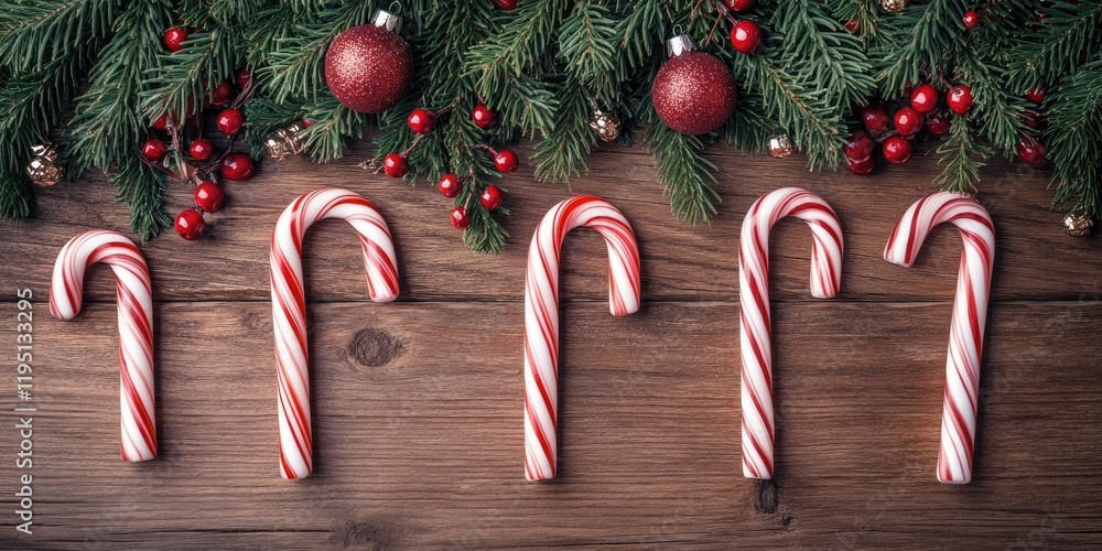 Poster christmas candy canes arranged in a row on rustic wooden background with evergreen branches and red 