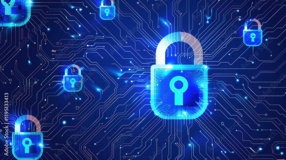 Poster digital lock icons on circuit board background symbolize cybersecurity and data protection. glowing 