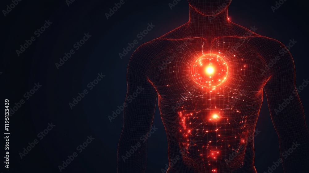 Aufkleber glowing human torso with a vibrant red focal point highlighting the stomach region in a dark environ