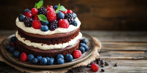 Layers of decadent chocolate cake with cream and fresh berries garnished with mint on a rustic wooden table with dark tones and textures.