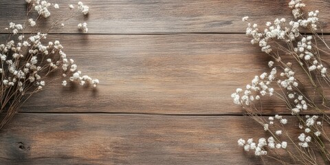 Obraz premium Wooden table with rustic decor arrangements and ample copy space featuring delicate white flowers on the left and right in a warm brown backdrop