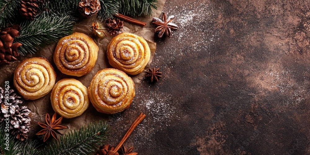 Poster Cinnamon rolls on a dark textured background with pine branches and spices positioned around them creating a rustic festive atmosphere
