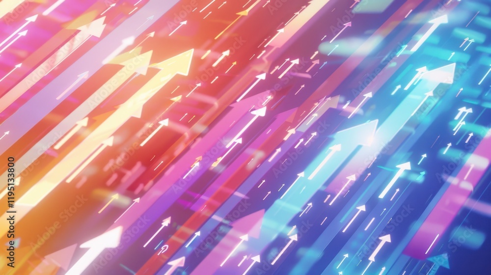 Poster dynamic abstract background with colorful upward arrows representing growth and progress. vibrant hu