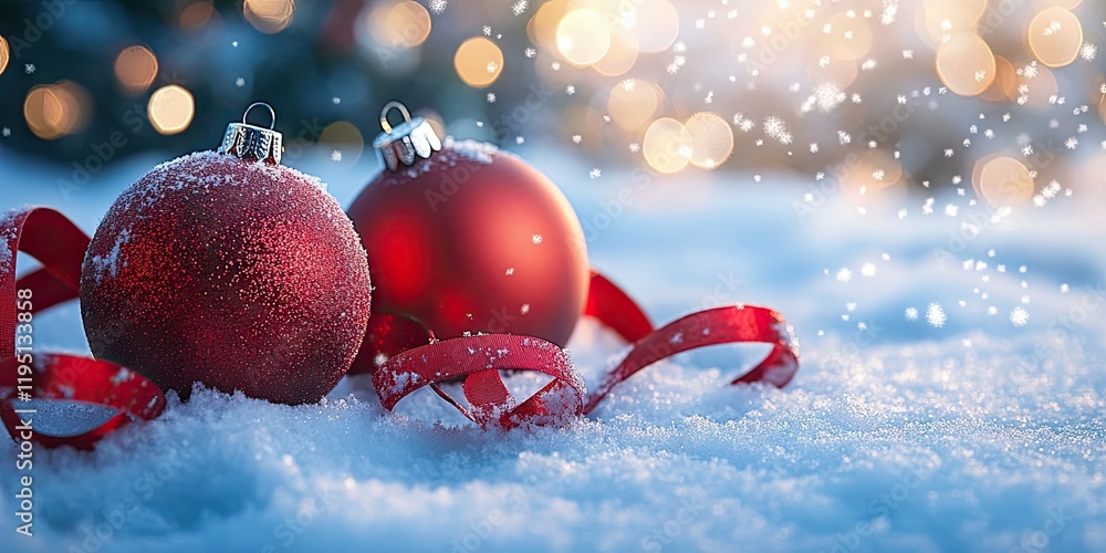 Poster red christmas ornaments and ribbons on fresh snow with soft bokeh lights in the background creating 