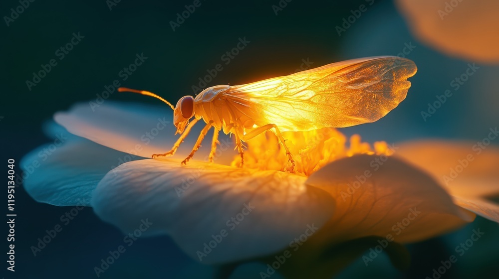 Poster glowing insect resting on a flower petal with a soft diffuse background