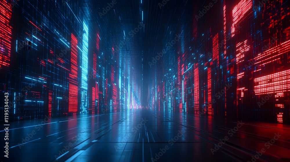 Poster abstract digital cityscape with glowing red and blue lines, representing data flow and futuristic te
