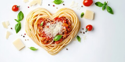 Heart-shaped spaghetti Bolognese with tomato sauce, parmesan, and basil, garnished with cherry tomatoes on a white background, vibrant colors.