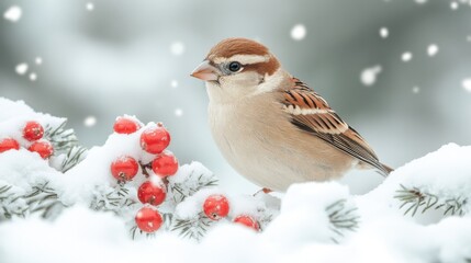 Obraz premium Charming Sparrow Perched on Snowy Branches Amidst Red Berries, Capturing the Essence of Winter's Beauty in a Serene Natural Habitat