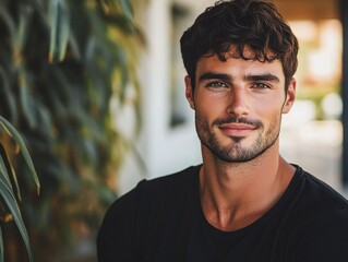 Fototapeta premium Confident young man with a warm smile, wearing a black t-shirt, set against a blurred natural background.