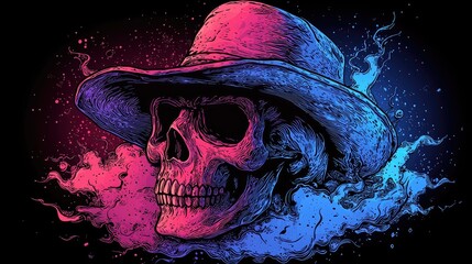 Neon Skull Wearing a Wide Brimmed Hat