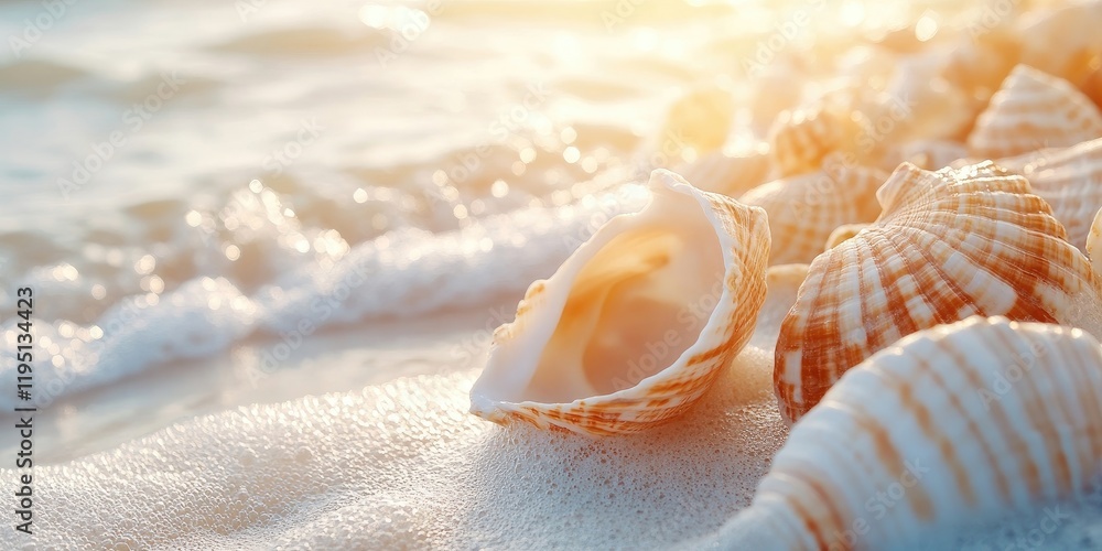 Aufkleber decorative seashells in soft focus on sandy beach with gentle waves reflecting warm sunlight in the 