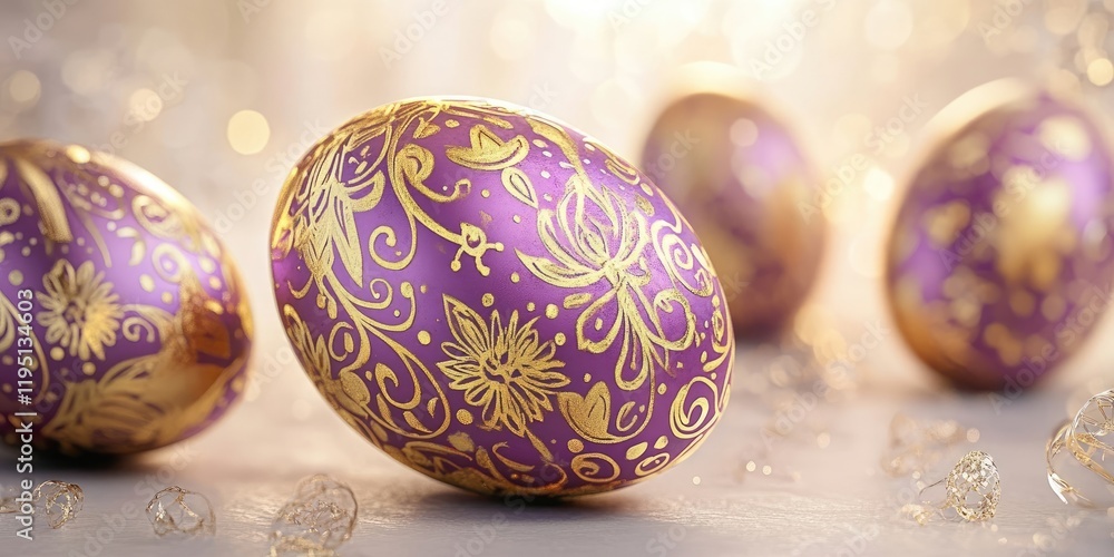 Aufkleber decorative purple easter eggs with intricate gold patterns positioned prominently in a soft light ba