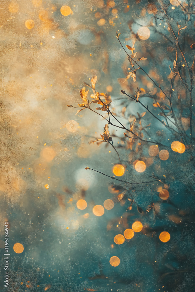 Poster Dreamy autumn branches with golden bokeh on a textured background