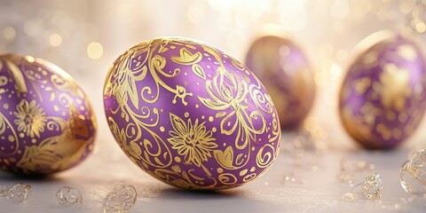 Decorative purple Easter eggs with intricate gold patterns positioned prominently in a soft light backdrop with shimmering effects in the foreground
