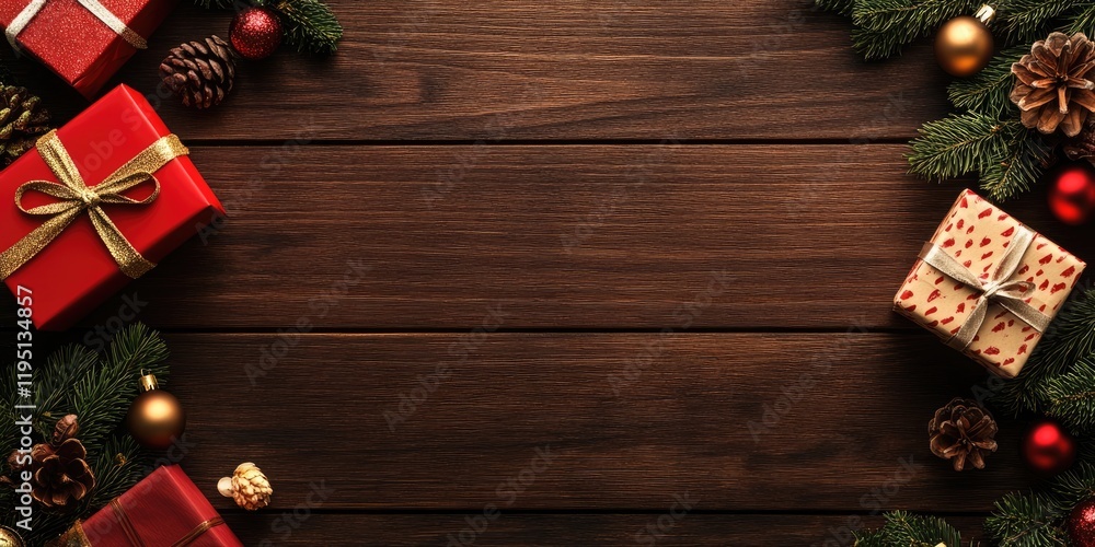 Aufkleber festive wooden background with red and patterned gift boxes surrounded by pine branches and ornament
