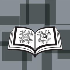 An abstract illustration of an open book with AI-themed circuit designs, symbolizing technology, artificial intelligence, and futuristic learning.