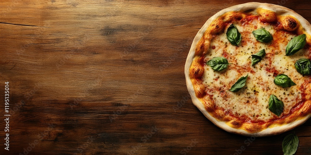 Poster delicious margherita pizza topped with fresh basil on a wooden table viewed from above with space on