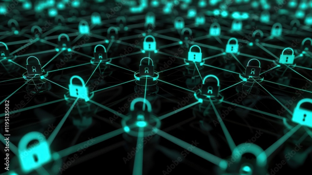 Poster digital network with glowing padlocks representing cybersecurity and data protection. interconnected