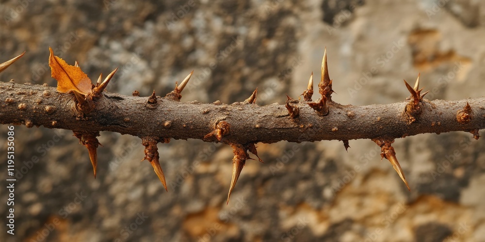 Poster defoliated orange tree branch adorned with sharp thorns in shades of brown and orange against a text