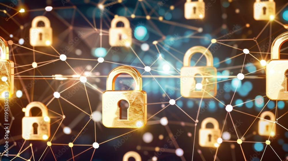 Poster digital locks connected by network symbolize cybersecurity and data protection. this represents impo