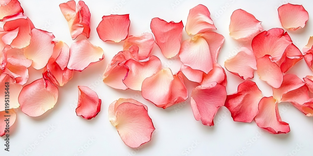 Poster scattered pink rose petals on a clean white background with soft gradient hues creating an elegant a
